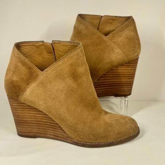 Lucky Brand Shoes - Lucky Brand Yakeena Tan Suede Leather Wedge Booties Size 7M
